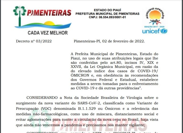 Prefeita de Pimenteiras assina decreto com novas medidas de combate ao Covid 19 / Omicron