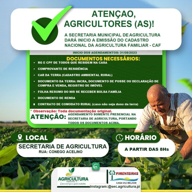 A secretaria de Agricultura de Pimenteiras Informa que iniciará agendamentos para emissão de CAF