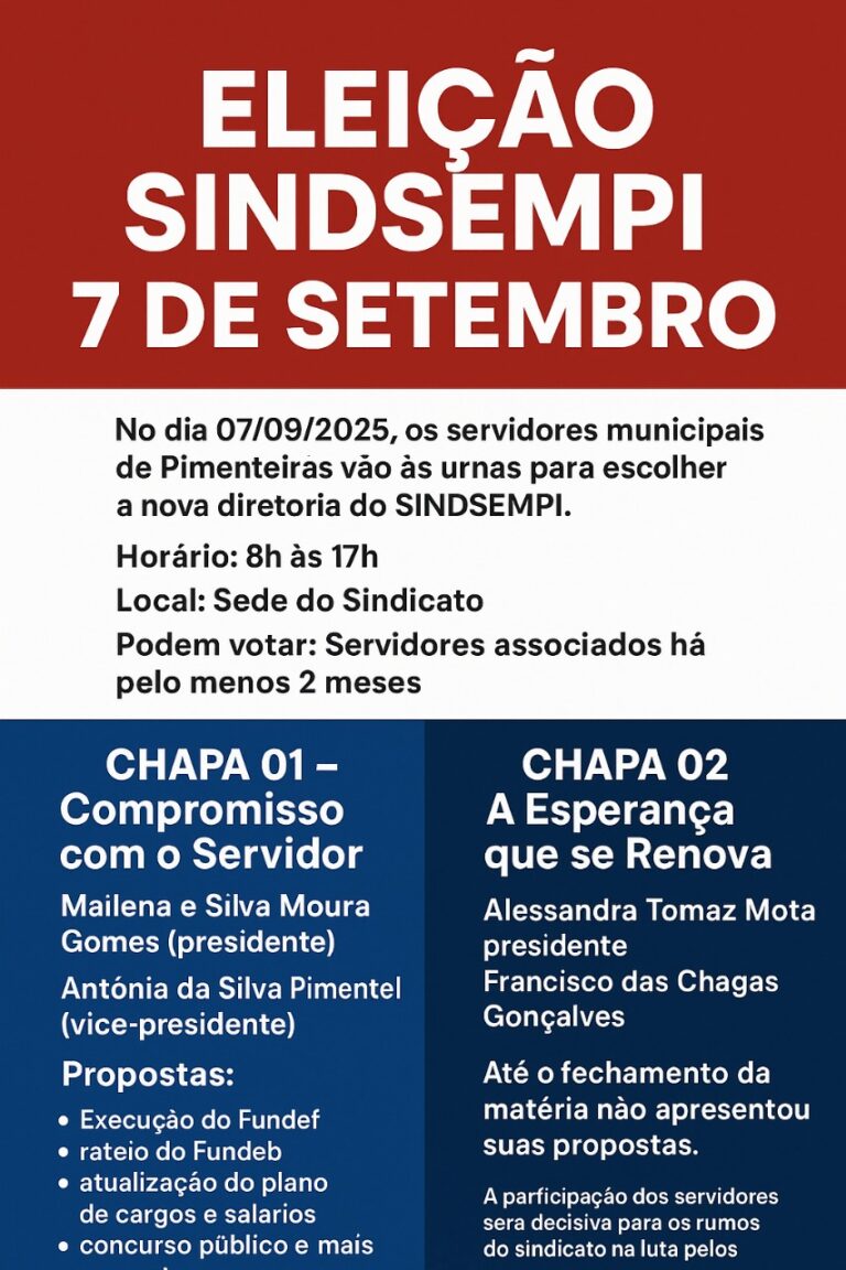 Eleição do SINDSEMPI acontece no dia 7 de setembro em Pimenteiras