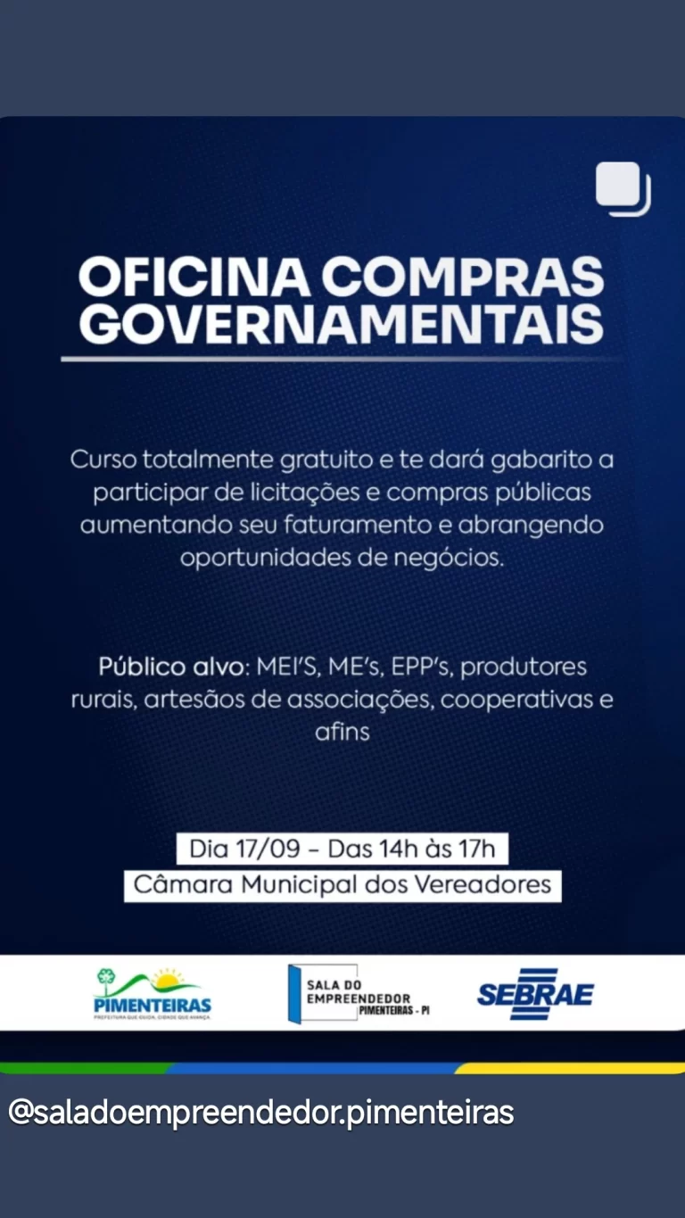 Oficina de Compras Governamentais será realizada em Pimenteiras